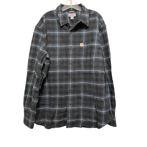 Carhartt Flannel Long Sleeve Button Up Relaxed Fit Shirt Size XL Blue Gray Plaid - Picture 1 of 5